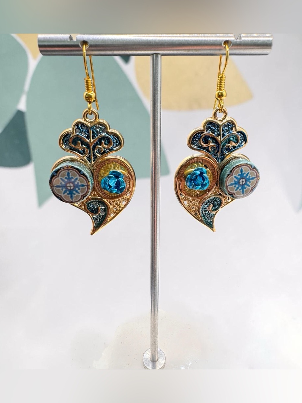 XTory Artisan Gold and Teal Heart Filigree Earrings with Ceramic Accent - SKU C